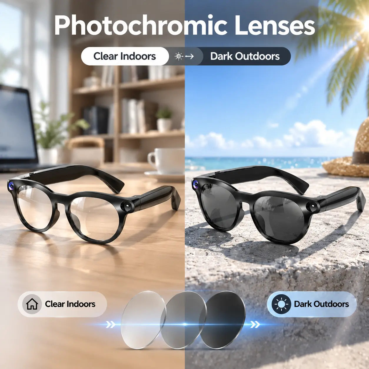 JEYUIN Smart Glasses with Photochromic Lenses, Bluetooth Audio, Hands-Free Photo-Video Capture, Language Translation, Voice Assistant, Wifi, Iphone-Android Compatibility, Vlogging Equipment for Lifestyle, Cool Gifts for Guys & Gifts for Him Sohochic